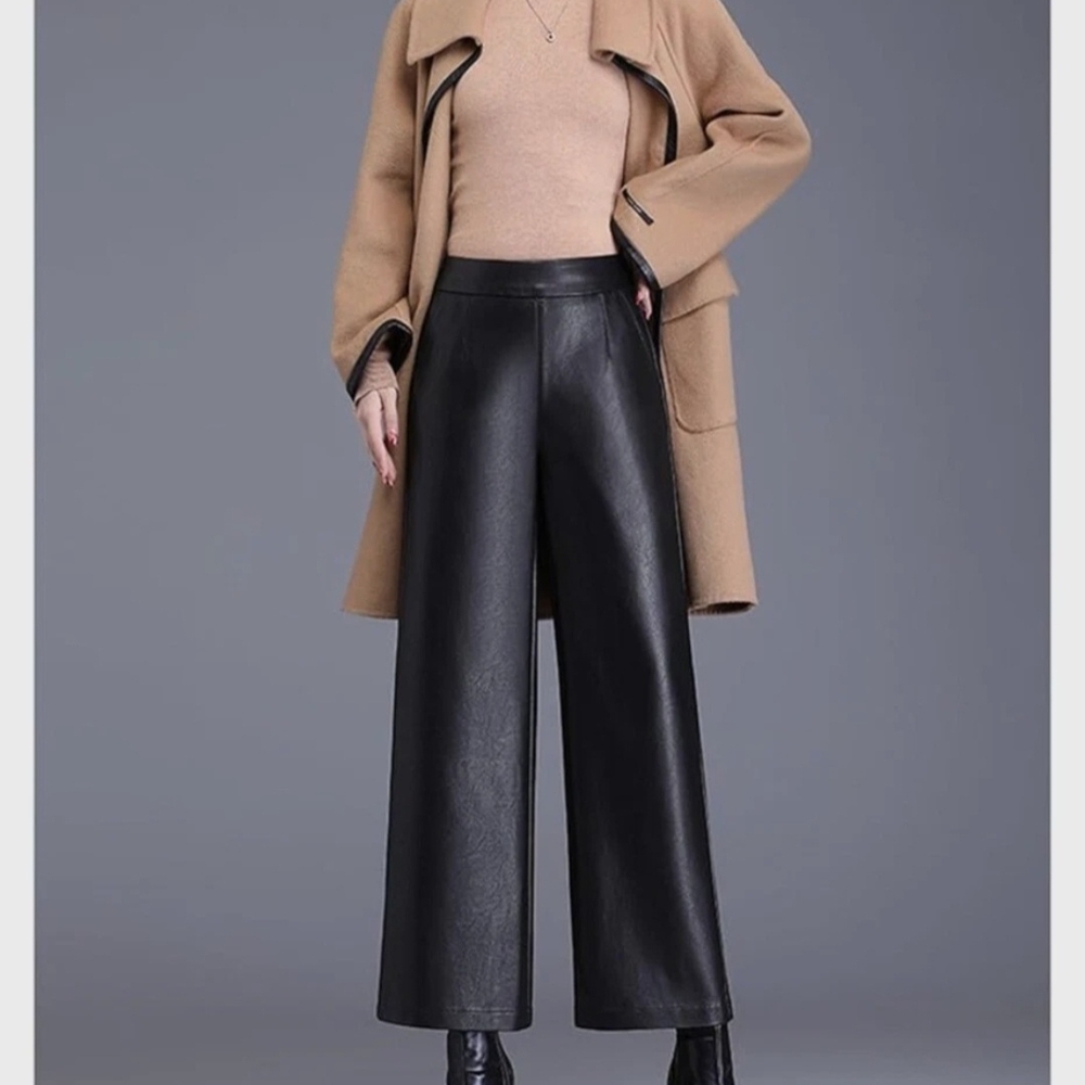 Lucrosun Elegant Black Elastic Waist Wide-Leg Faux Leather Pants